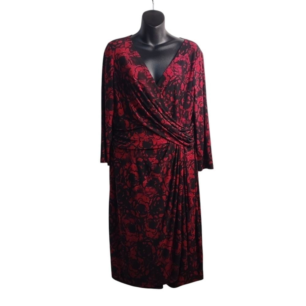 Chaps Women's Red Black Floral Print Empire Waist 3/4 Sleeve Dress Size …